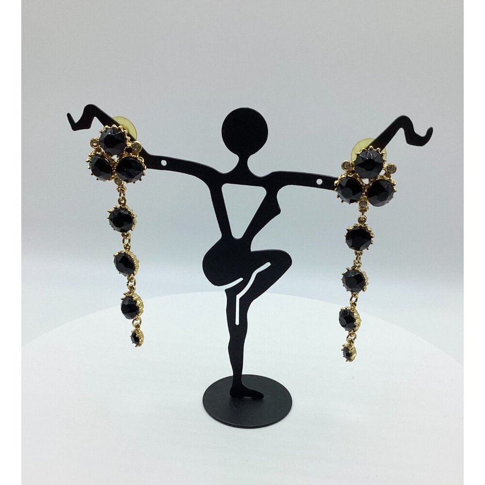 1990s Statement Black Rhinestone Art Deco Earrings Pierced Vintage Runway